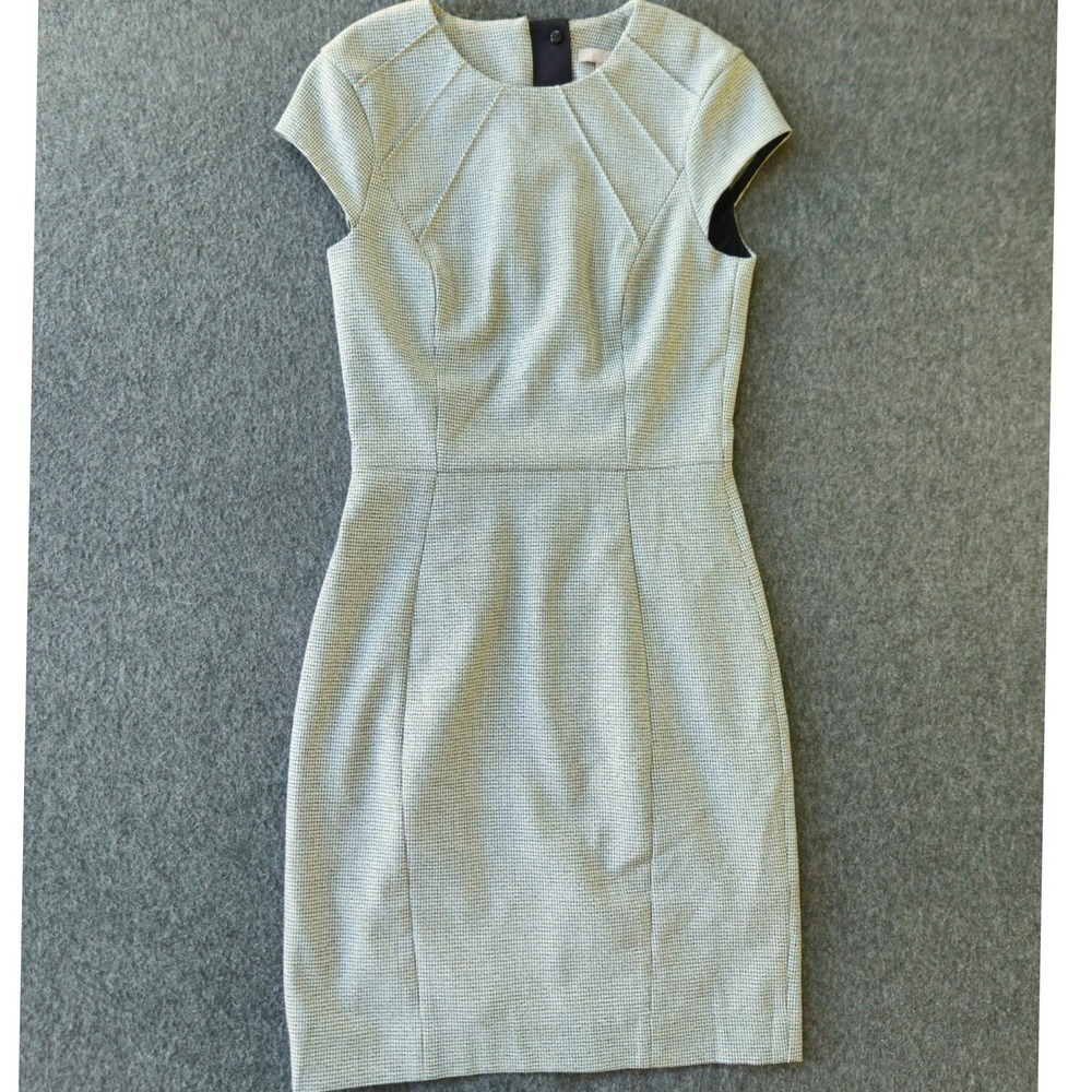 H&M Sheath Dress Size 2 Grey Houndstooth Cap Sleeve Career Office Vixen Mod Chic